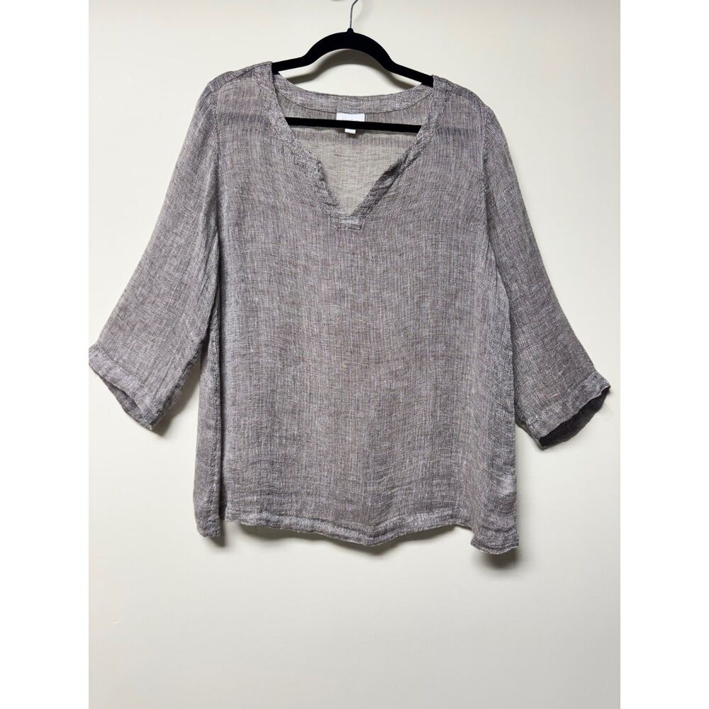 J. JILL PURE JILL 100% Linen 3/4 Sleeve Open Knit Popover Blouse, Brown/White, L